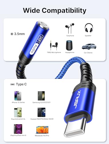 JSAUX USB C to 3.5mm AUX Audio Adapter for iPhone 17/15, Galaxy S25, Blue - color: Blue, size: 1 x 0.6ft