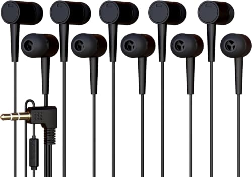 5 Pack Bulk Wired Earbuds with Microphone, In Ear Headphones 3.5mm Jack, 4ft Tangle Free Cable, Comfortable Fit, Affordable and Cost Effective, Ideal for School Classroom Testing Students, Black