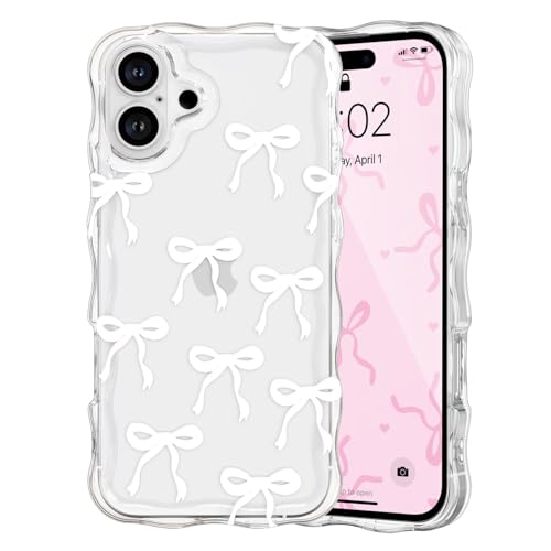 QLTYPRI Bow Case for iPhone 17, Cute Ribbon Bows Wavy Curly Frame Clear Phone Case for Girls Women, Aesthetic Bowknot Transparent Soft Silicone TPU Bumper Shockproof Protective Cover - White - color: White, size: iPhone 17