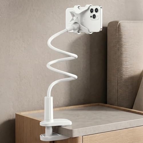 Gooseneck Phone Holder, 27.5" Flexible Phone Holder for Bed Desk, 360° Rotation Cell Phones Stand with Clamp, Heavy Duty Bracket for Bedside Living Room/White - color: White