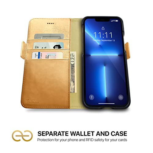 Dreem Vegan Leather Magnetic Detachable Wallet Case for iPhone 13 Pro Max | Built-in Phone Stand, RFID Blocking Card Holder Flip Cover, MagSafe Compatible, Gift Box [Fibonacci: Gold] - color: Gold, size: iPhone 13 Pro Max