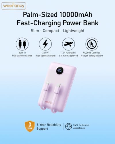 Mini Portable Charger with Built-in Cables 22.5W Fast Charging Power Bank USB-C Small Battery Pack 10000mAh Travel Essential Slim Battery for iPhone 17/16/15/14, Samsung 25/24, and More - color: Purple