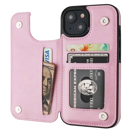 ONETOP for iPhone 15 Wallet Case with Credit Card Holder,Pink | Kickstand,ID/Cash Holder,Case Wallet with Card Slots,Double Magnetic Clasp,Durable PU Leather Shockproof Cover for Women Men - color: Pink