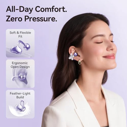 Kinglucky ClipFree Open-Ear Headphones, Butterfly-Inspired Ear-Cuff Design, Stylish & Comfortable Clip-On Ear Buds, Wireless Earbuds for Women, Long Battery Life, Great for Gifting - Purple - color: Purple