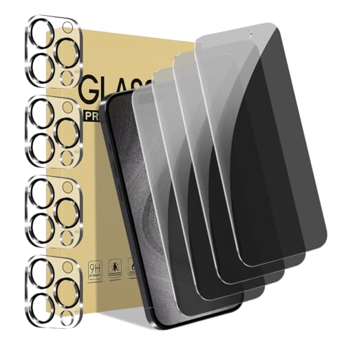 4Pack Privacy Screen Protector for iPhone 15 Pro Max [6.7 inch]+4Pack Camera Lens Protector with Installation Frame,Dynamic Island Compatible,Anti Spy Tempered Glass[9H Hardness]-HD