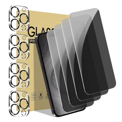 4Pack Privacy Screen Protector for iPhone 15 Pro Max [6.7 inch]+4Pack Camera Lens Protector with Installation Frame,Dynamic Island Compatible,Anti Spy Tempered Glass[9H Hardness]-HD
