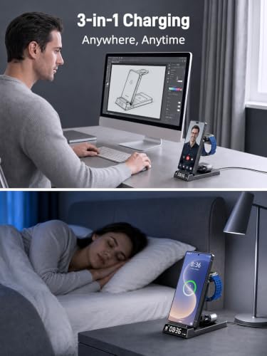 Wireless Charger for Samsung S25 with Clock 3 in1 Foldable Charging Station - color: Black