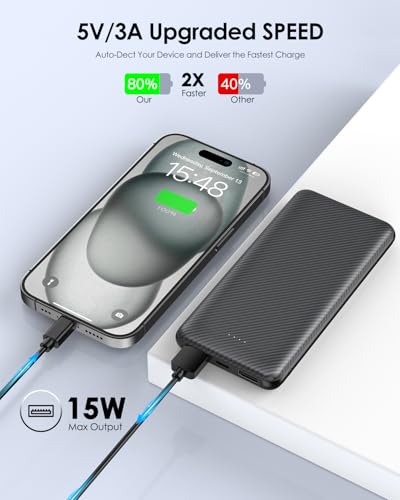 10000mAh Portable Power Bank with USB-C 15W PD Fast Charging - Black - color: Black