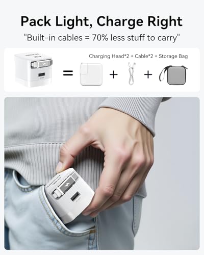 USB-C Charger Block, 30W Max GaN 2 Port Fast Charging w/Built-in Retractable C Cable & Foldable Plug, PD/PPS for iPhone 16Pro Max/16/Pixel 9 pro/Galaxy/iPad/MacBook,Compact Travel Charger - color: 30W*White