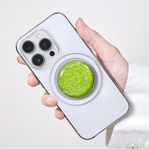 Magnetic Phone Grip Holder, Collapsible Expanding Stand with Clear Crystal Glitter Design, Universal Magnetic-Compatible for Phones & Tablets, Green Glitter