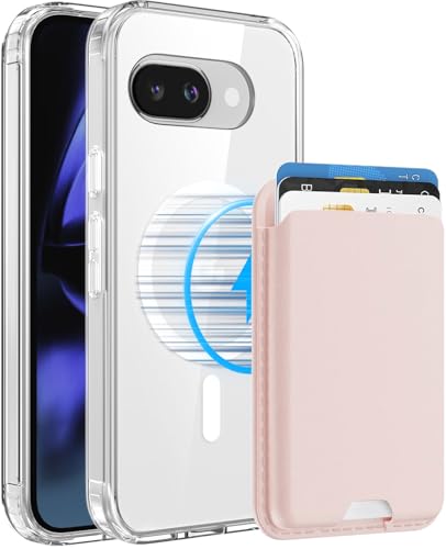 Magnetic for Google Pixel 9A Wallet Case with Card Holder﻿ | Compatible with MagSafe, Shockproof Phone Cover with Detachable RFID Blocking Card Slot, Clear & Pink - color: Clear with Pink, size: Pixel 9A