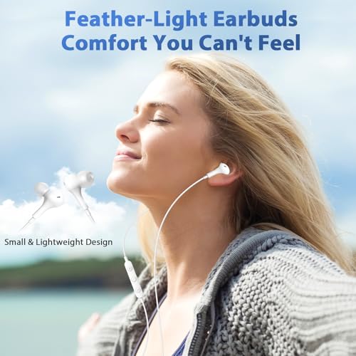 USB C Headphones with Case & Mic Wired Earbuds 90° Angled for Apple Android - color: White