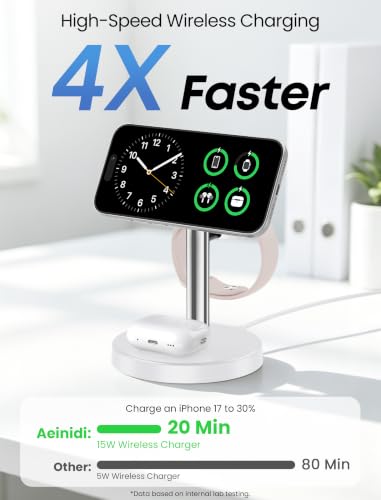 Aeinidi 3 in 1 Fast Wireless Charging Station for Apple MagSafe Charger - color: Silver White, size: 15W