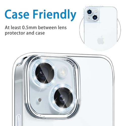 Compatible with iPhone 15 & iPhone 15 Plus Camera Lens Protector, Bling Glitter Diamond Len Cover 9H Tempered Glass Camera Cover Anti Scratch Shockproof Screen Protector Individual Metal Lens Ring - 2PCS Glitter Sierra Blue - color: Sierra Blue Glitter