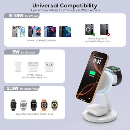 3 in 1 Foldable Magnetic Wireless Charging Station,iPhone Mag-Safe Charger - color: White, size: 2Pack