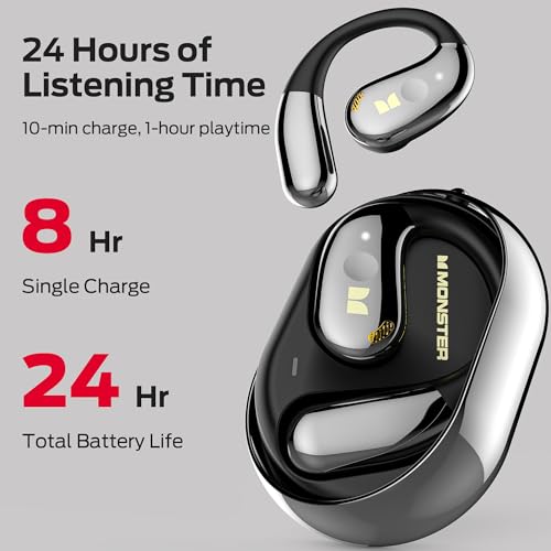 Monster Open Ear AC600 Headphones, Bluetooth 5.4 Wireless Earbuds with HiFi Stereo, Clip-On Earbuds with ENC Clear Call, 21H Playtime, IPX6 Waterproof Wireless Headphones for Outdoor Exercise,Black