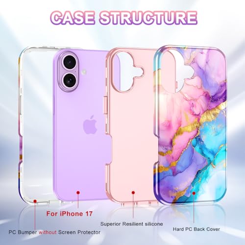Btscase Compatible with iPhone 17 Case 6.3 Inch 2025,Marble Pattern 3 in 1 Heavy Duty Shockproof Full Body Rugged Hard PC+Soft Silicone Drop Protective Women Girl Phone Cases, Pink Blue - color: Pink Blue, size: iPhone 17