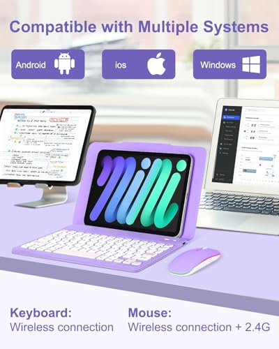 EAMPANG Universal Bluetooth Keyboard and Case for Tablet/Phone/Laptop | Wireless Portable Slim Keypad and Mice Rechargeable with Adjustable Bracket for iPad A16/Mini/Air/iPhone/Galaxy Z Fold Purple - color: Purple