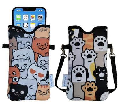 Tainada Neoprene Neck Cell Phone Pouch w/Crossbody Strap (Cat Paw Pattern) | For cat lovers; Small water-resistant shockproof lightweight cellphone sleeve bag w/adjustable lanyard; Fits most smartphones - color: Cat Paw Pattern