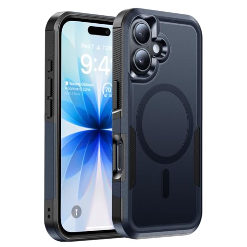Magnetic for iPhone 16 Case Rugged Dual-Layer Shockproof Blue | Military-Grade Heavy Duty Protection, Fit for Magsafe, Matte Finish Scratch Resistant Anti-Fingerprint, Anti-Slip Phone Cover - color: Blue