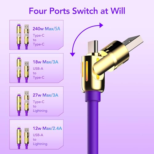 MFish 240W 4-in-1 Fast Charging Cable, Purple Gold, 6.6FT - color: Purple Gold, size: 6.6FT