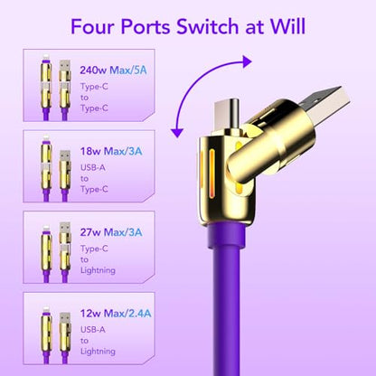 MFish 240W 4-in-1 Fast Charging Cable, Purple Gold, 6.6FT - color: Purple Gold, size: 6.6FT