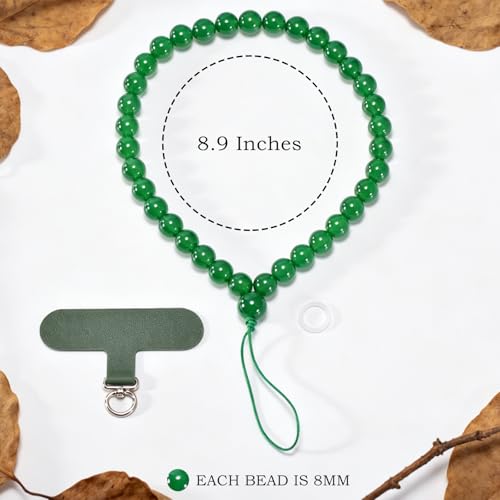Agate Beaded Phone Wrist Strap for Women Men Stone Beads Charm Handmade Cellphone Chain Lanyard with Tether Tab - color: Green-2, size: 8mm Beads