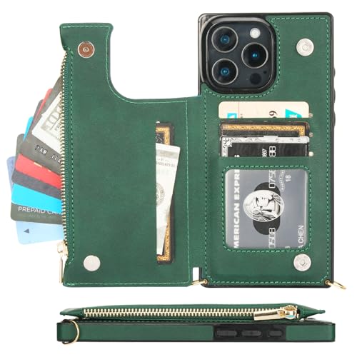 Bocasal Crossbody Wallet Case with Strap for iPhone 16 Pro Max, Green | RFID Blocking Card Slot Holder, Magnetic Flip Folio Purse Case, PU Leather Zipper Handbag Detachable Lanyard Strap 6.9 Inch - color: Green