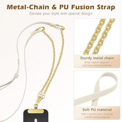 MoKo Universal Phone Crossbody Lanyard Phone Chain, Anti-Theft Adjustable Cellphone Cross Body Neck Strap & iPhone Wrist Strap with 2×Metal Tether Tabs for iPhone 17, Most Smartphones, White & Gold - color: White & Gold