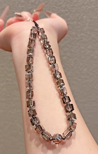 Crystal & Pearl Phone Charm Wrist Strap, Beaded Lanyard Wristlet Chain, Hands-Free Bracelet Strap for Phone Cases - color: Gray