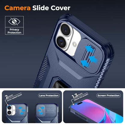 [2 Cases] Case for iPhone 16 (A - Blue) & iPhone 13/14 (Blue) with Slide Camera Cover + Screen Protector, Rotated Ring Kickstand Military Grade Shockproof