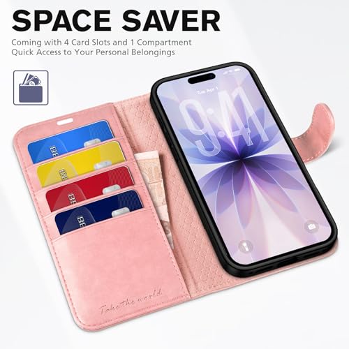TUCCH Wallet Case for iPhone 17 (6.3") 2025, 4 Card Holders, Rose Gold | RFID Blocking, Viewing Stand, Shockproof TPU Shell, PU Leather, Magnetic Closure, Protective Folio Flip Cover - color: Rose Gold