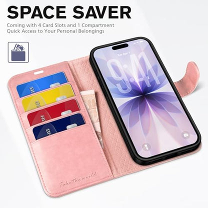 TUCCH Wallet Case for iPhone 17 (6.3") 2025, 4 Card Holders, Rose Gold | RFID Blocking, Viewing Stand, Shockproof TPU Shell, PU Leather, Magnetic Closure, Protective Folio Flip Cover - color: Rose Gold