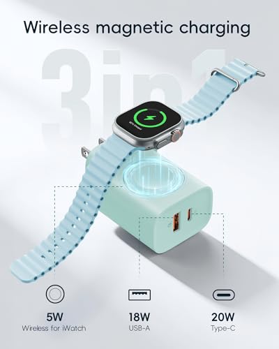 VRURC Charger for Apple Watch, Built-in Wireless Magnetic Charging Station for iWatch SE/11/10/9/8/7/6/5/4, PD 20W USB C Charging Block, Foldable Wall Charger Fast for iPhone 17/16/15/14/13-Green - color: Green