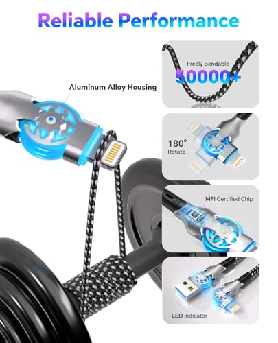 90 Degree Lightning Cable with 180° Rotating iPhone Charger Head - 6.6FT Right Angle Lightning Cable Swivel Charger Cord with MFi, 2.4A Fast Charging, Data Sync, Apple Carplay for iPhone14 13 12 11 X
