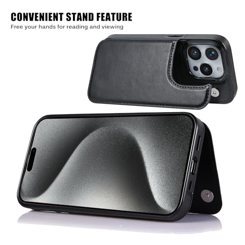Wallet Case Compatible with iPhone 15 Pro Max(6.7"),Slim Protective case with Card Holder with 1 Screen Protective Glass,Premium PU Leather Kickstand Card Slots Case-Black - color: Black