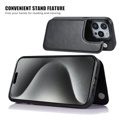 Wallet Case Compatible with iPhone 15 Pro Max(6.7"),Slim Protective case with Card Holder with 1 Screen Protective Glass,Premium PU Leather Kickstand Card Slots Case-Black - color: Black