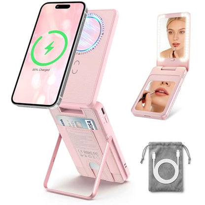 5-in-1 Magnetic Wireless Power Bank, 5000mAh Portable Charger with Mirror, Stand, Bluetooth Remote & Card Holder, MagSafe Compatible Travel Essential for iPhone&Samsung, USB-C Cable Included, Pink