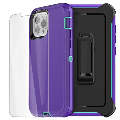 AICase for iPhone 13 Pro Max Case with Belt-Clip Holster, Screen Protector, Heavy Duty Protective Phone Case, Military Grade Full Body Protection Shockproof/Dustproof/Drop Proof Rugged Cover - color: Purple with Belt+Glass Protector