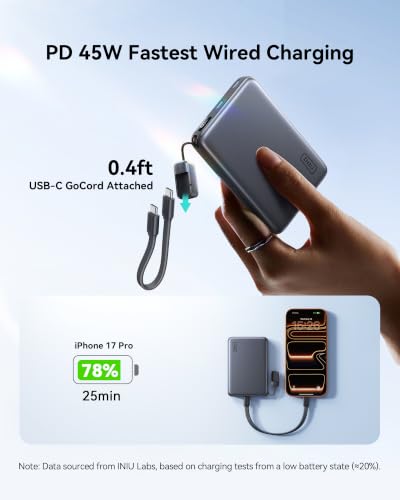 INIU Magnetic Slimmest Power Bank, 10000mAh Qi2.2 Portable Charger - color: Black