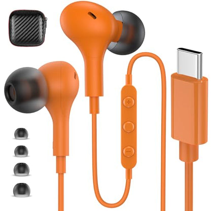 USB C Headphones Wired Earbud for iPhone 18 Pro Max 17 16 15,0range - color: Orange