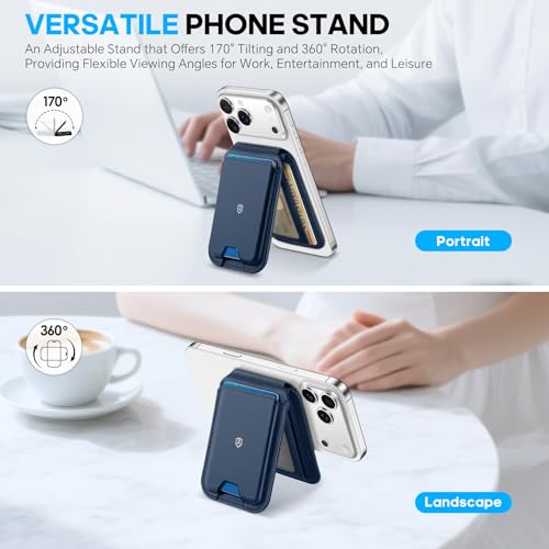 SHIELDON Genuine Leather Magnetic Wallet Stand for MagSafe, Navy Blue | Strong Magnetic, 6 Card Holders, Kickstand, Rfid Blocking, Quick-access, ID Window, for iPhone 17/16/15/14/13/12 Series - color: Navy Blue