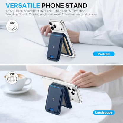 SHIELDON Genuine Leather Magnetic Wallet Stand for MagSafe, Navy Blue | Strong Magnetic, 6 Card Holders, Kickstand, Rfid Blocking, Quick-access, ID Window, for iPhone 17/16/15/14/13/12 Series - color: Navy Blue