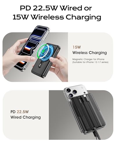 for Magsafe Portable Charger, 10000mAh Power Bank, Dark Black | PD 22.5W Fast Charging with USB-C Cable, Foldable Stand, Magnetic Wireless Charger for iPhone 17/16/15/14/13/12 Series - color: Dark Black