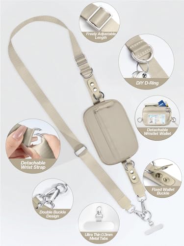 Tiostep Clip and Go Strap for Phone with Wallet Crossbody Phone Lanyard Adjustable and Detachable RFID Wristlet Wallet (Khaki, Medium) - color: Khaki, size: Medium