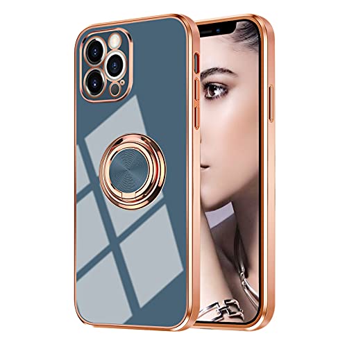 iPhone 12 Pro Max Ring Holder Case - 360 Degree Rotation Kickstand, Shiny Plating Rose Gold Edge, Magnetic Car Mount Compatible, Slim Soft Tpu for Women Girls, 6.7 Inch Gray - color: Gray, size: iPhone 12 Pro Max