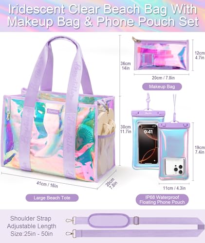 Bagstellar Iridescent Beach Bag, Jelly Tote Bag with Phone Pouch Makeup Bag | Large Beach Bags Waterproof Sandproof, Zipper Beach Tote Clear Pool Swim Boat Bag for Women Summer Travel Cruise Essentials - color: Lavender