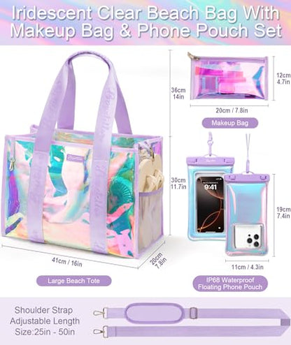 Bagstellar Iridescent Beach Bag, Jelly Tote Bag with Phone Pouch Makeup Bag | Large Beach Bags Waterproof Sandproof, Zipper Beach Tote Clear Pool Swim Boat Bag for Women Summer Travel Cruise Essentials - color: Lavender