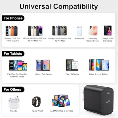iPhone 18 17 16 15 Charger Fast Charging, 20W Dual Port USB C Charger Block - color: Black