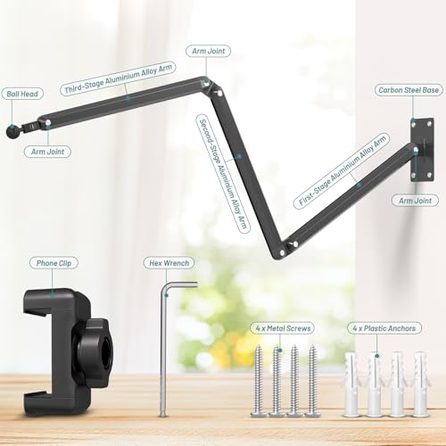Wall Mount Phone Holder,Phone Holder for Desk Bed,3-Stage Aluminium iPhone Stand,Foldable Extendable Arms Heavy Duty Drilling Base,Compatible with 3.5~7.5" iPhone/HTC/LG/Huawei/Galaxy/Smartphones